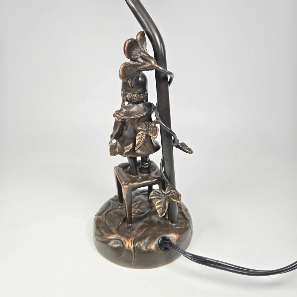 Vintage Juan Clara Bronze Statue Girl on Chair Table Lamp Pink Frost Glass Shade